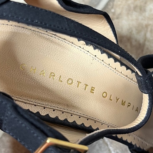 Charlotte Olympia Size 38 Black Satin Bow Block Heel Sandal T Strap Gold Glitter - Picture 7 of 9